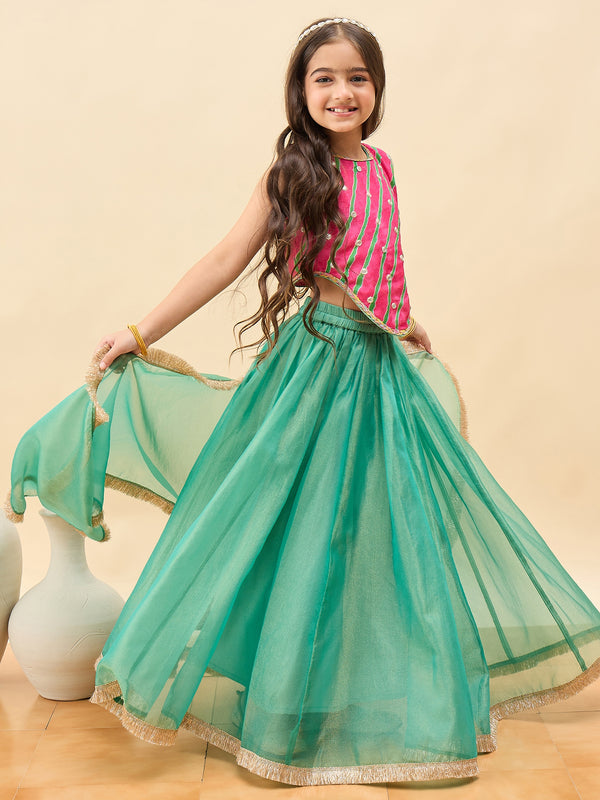 Girls Waist Length Embroidery Lahnga Choli - Magenta