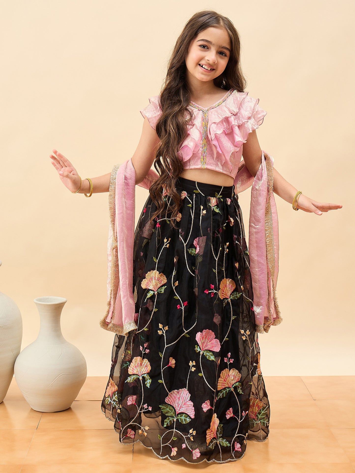 Girls Waist Length Embroidery Lehenga Choli - Pink