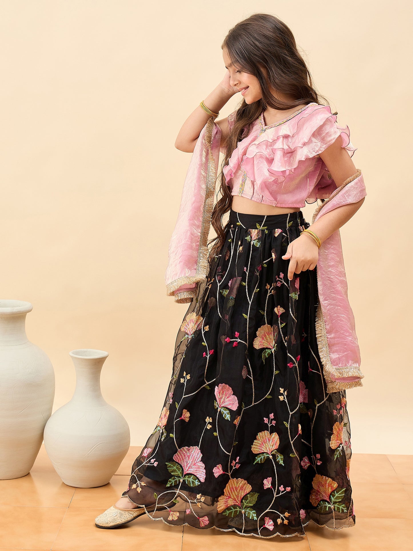 Girls Waist Length Embroidery Lehenga Choli - Pink
