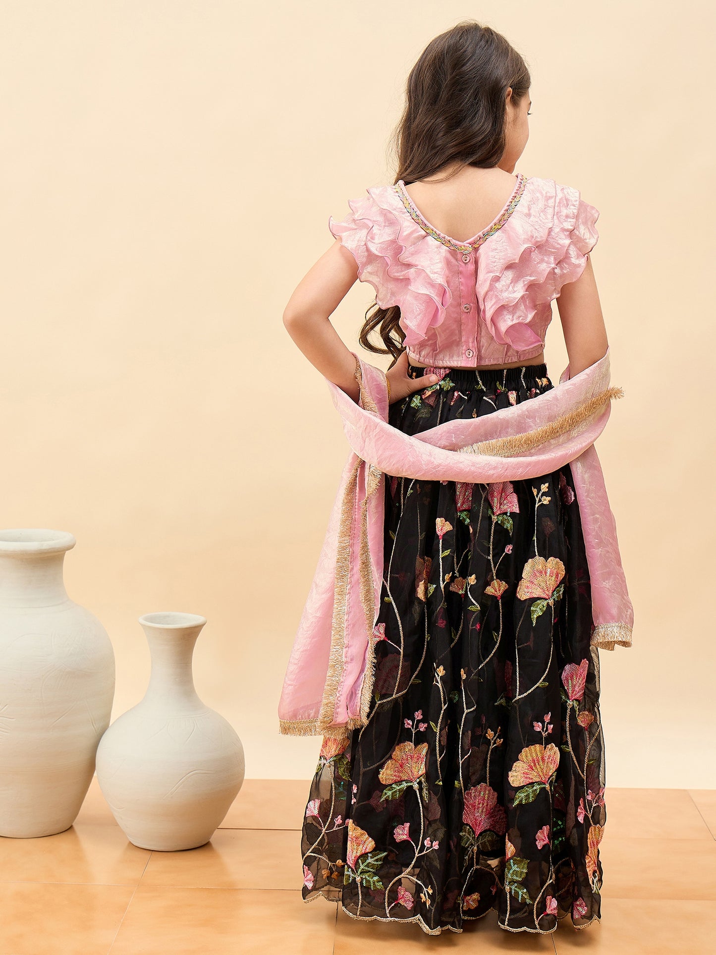 Girls Waist Length Embroidery Lehenga Choli - Pink