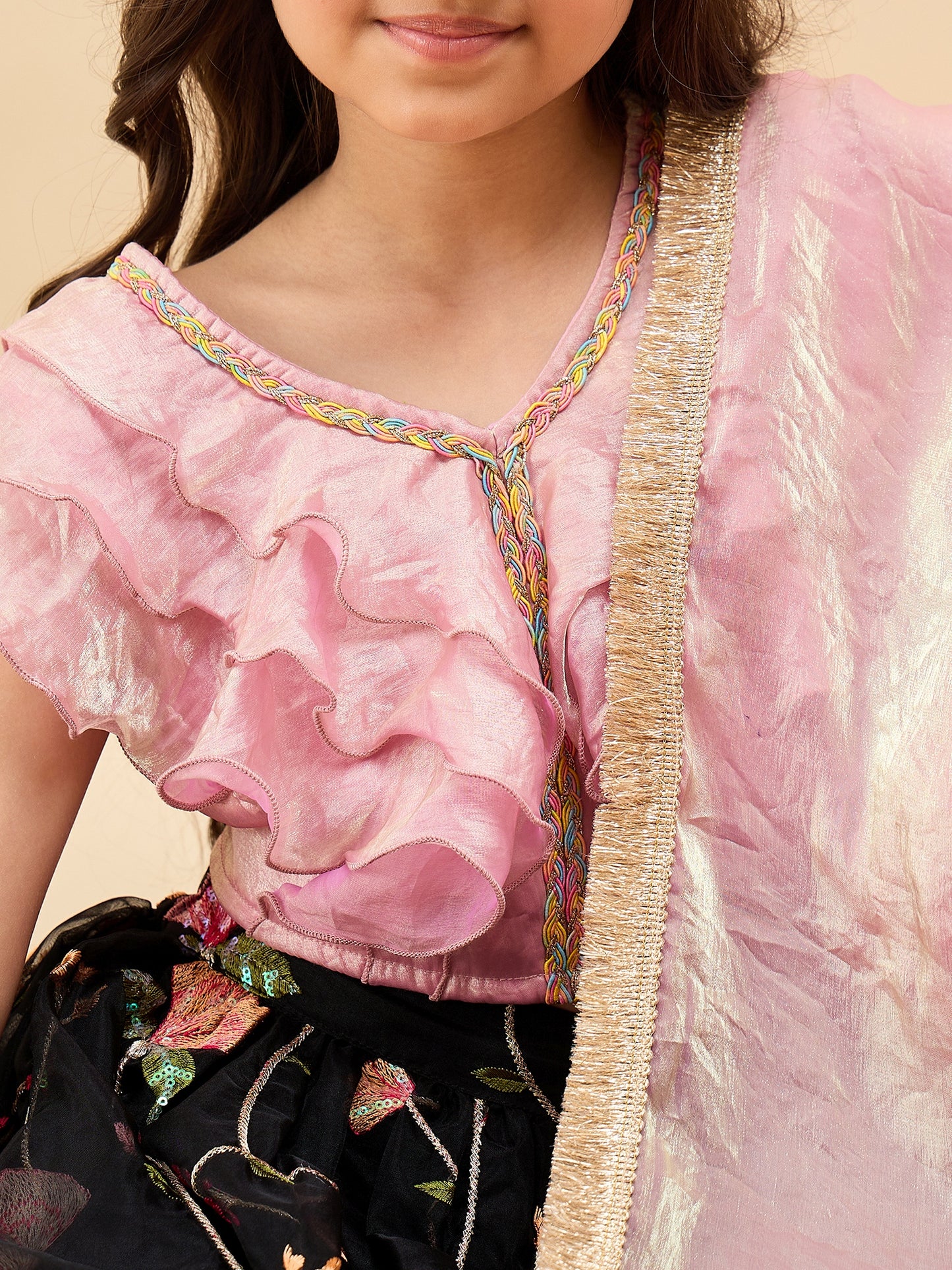 Girls Waist Length Embroidery Lehenga Choli - Pink