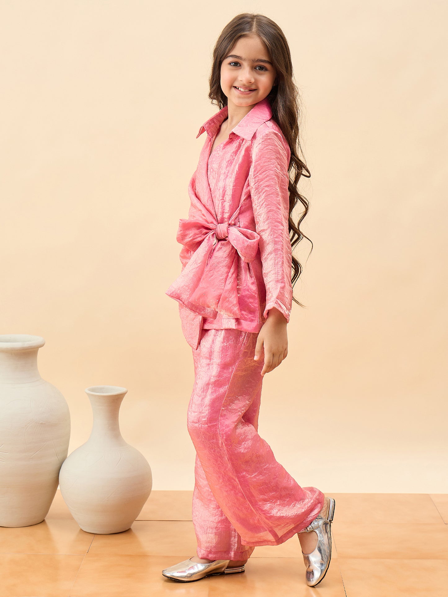 Girls Hip Length Solid Top With Pants - Pink
