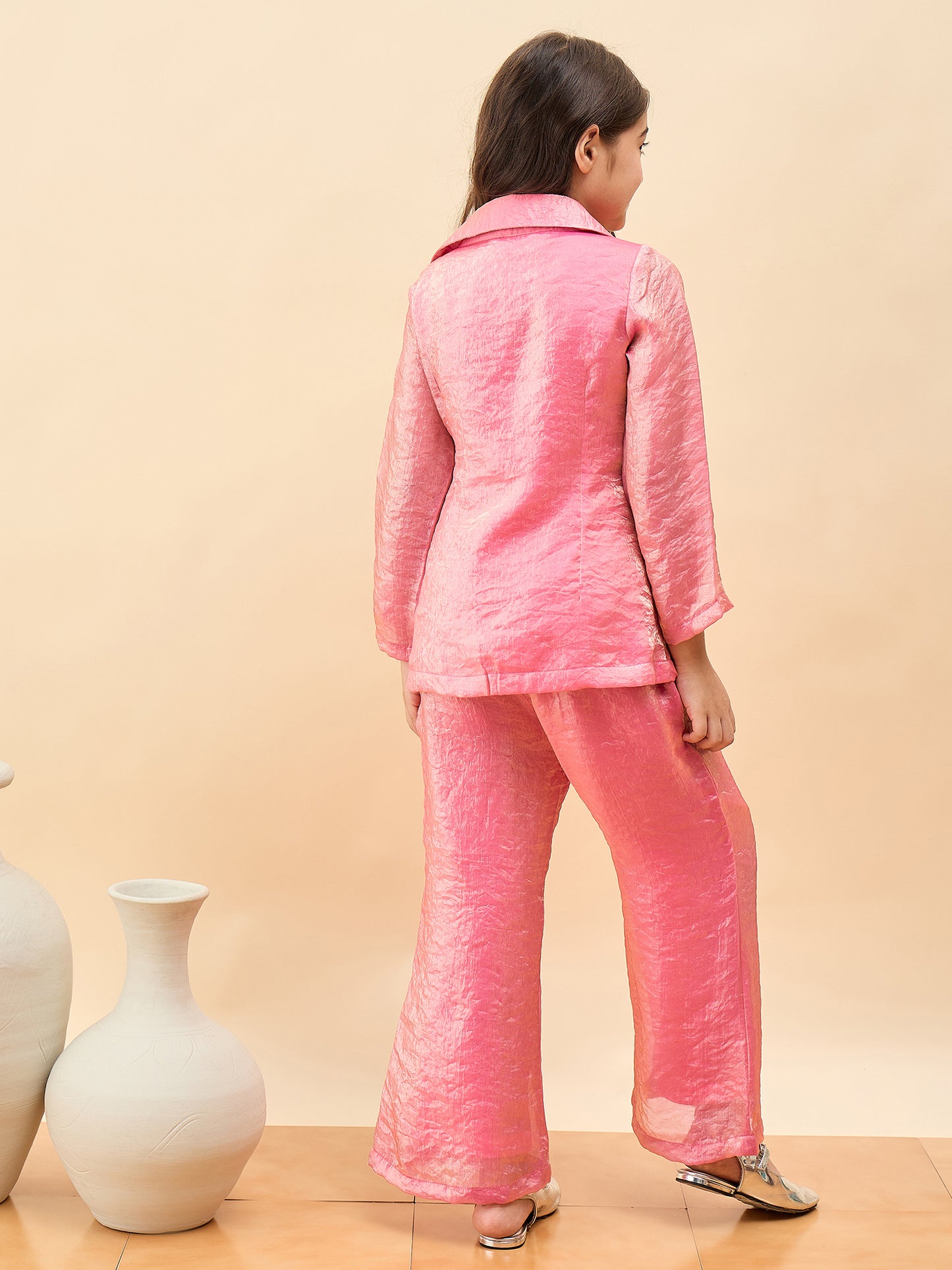 Girls Hip Length Solid Top With Pants - Pink