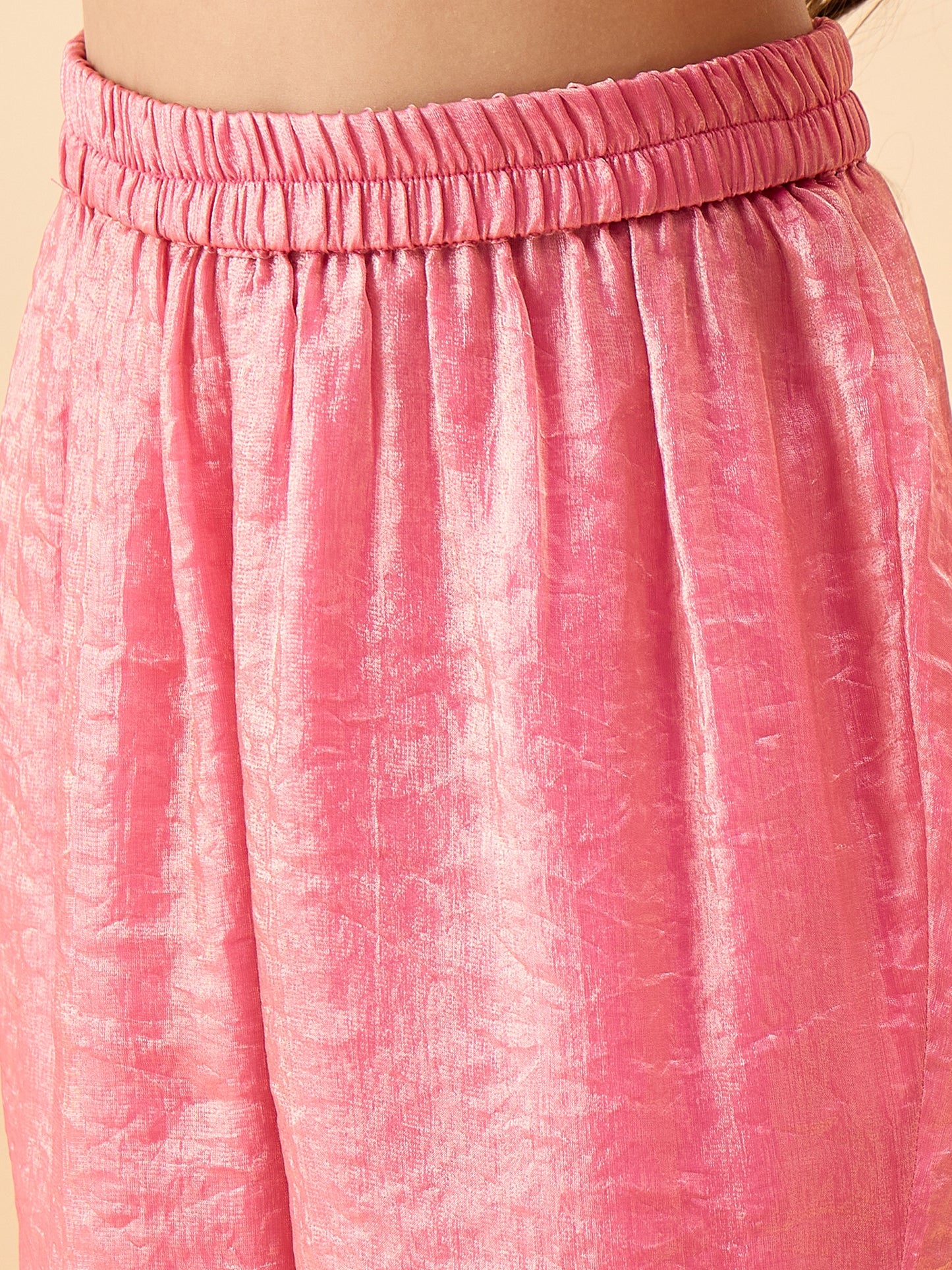 Girls Hip Length Solid Top With Pants - Pink