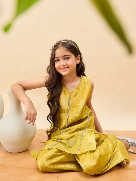 Girls Above Knee Embroidery Kurti Set - Yellow