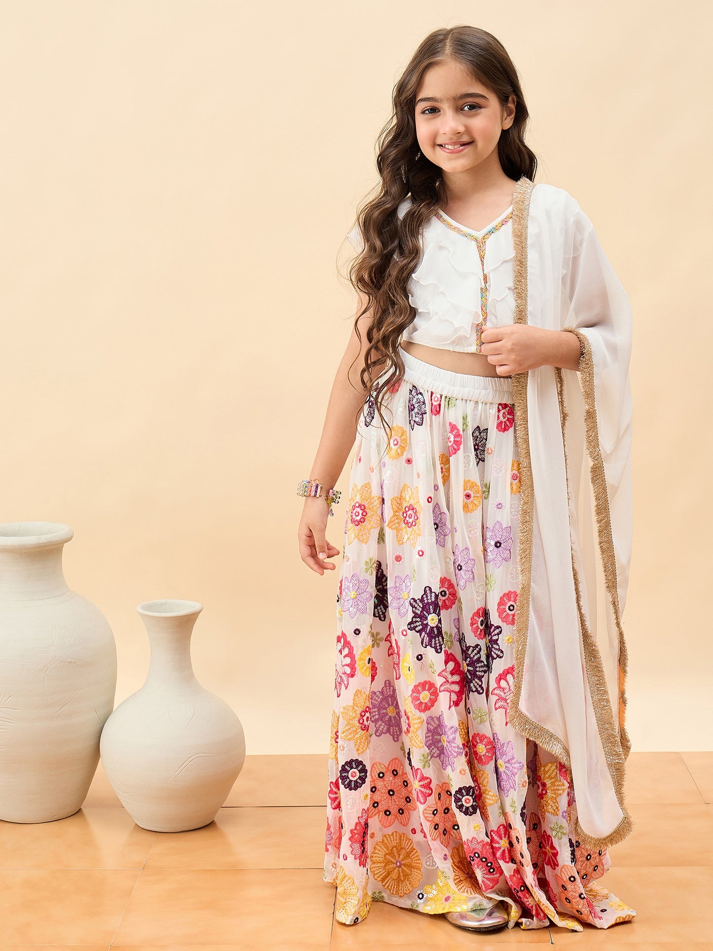 Girls Waist Length Embroidery Lehenga Choli - White