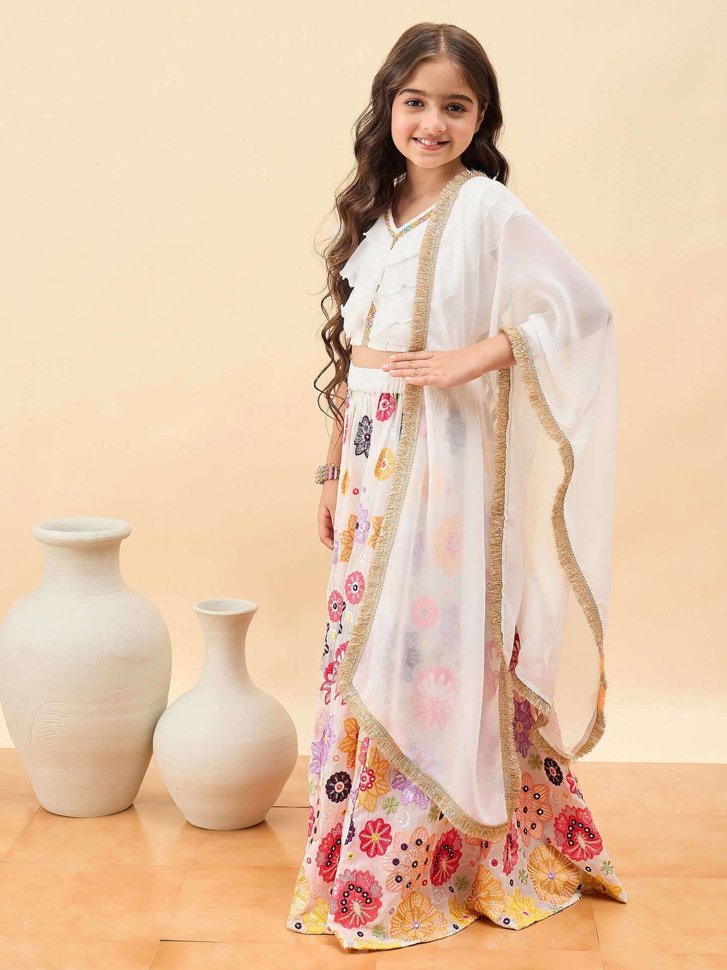 Girls Waist Length Embroidery Lehenga Choli - White