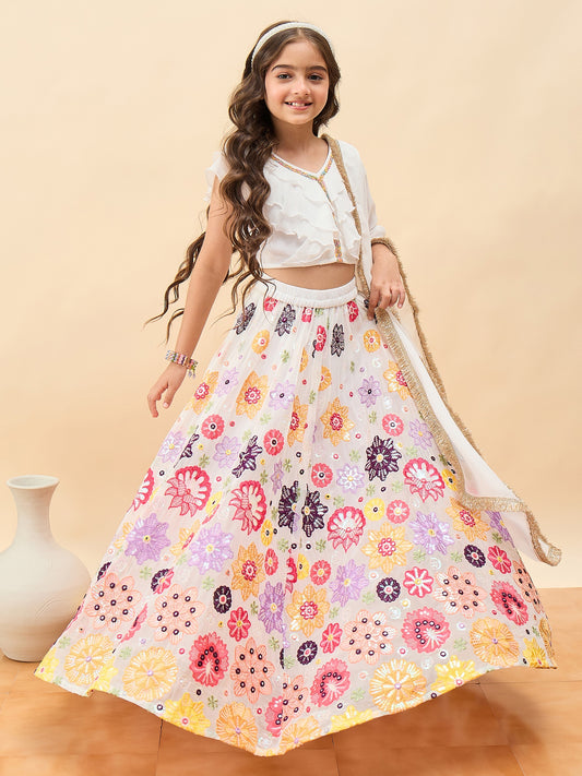 Girls Waist Length Embroidery Lehenga Choli - White