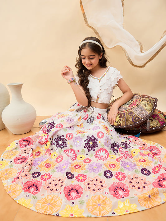 Girls Waist Length Embroidery Lehenga Choli - White