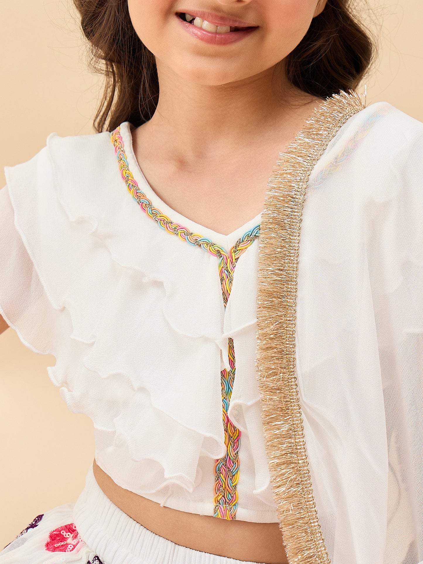 Girls Waist Length Embroidery Lehenga Choli - White