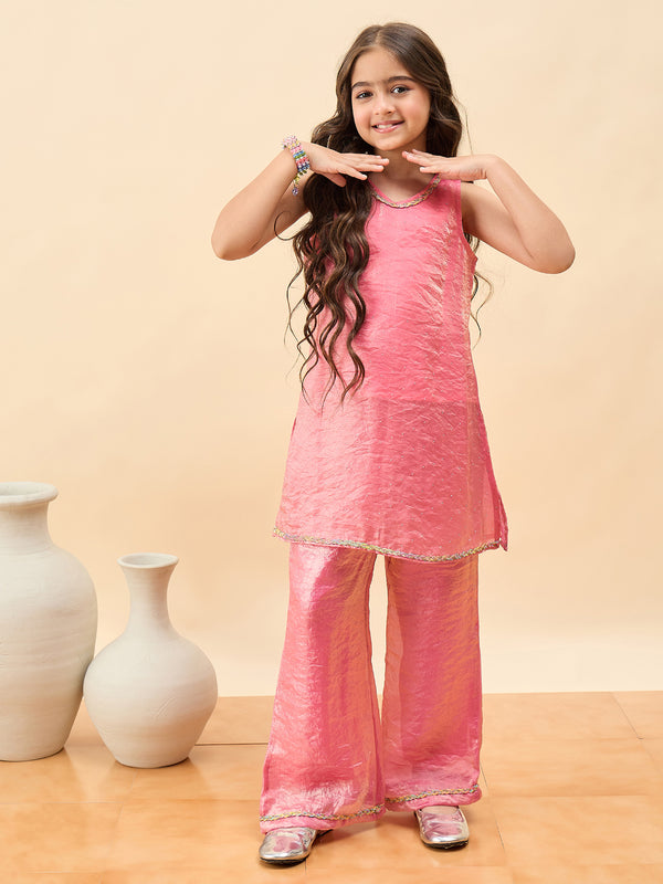 Girls Above Knee Solid Kurti Set - Pink