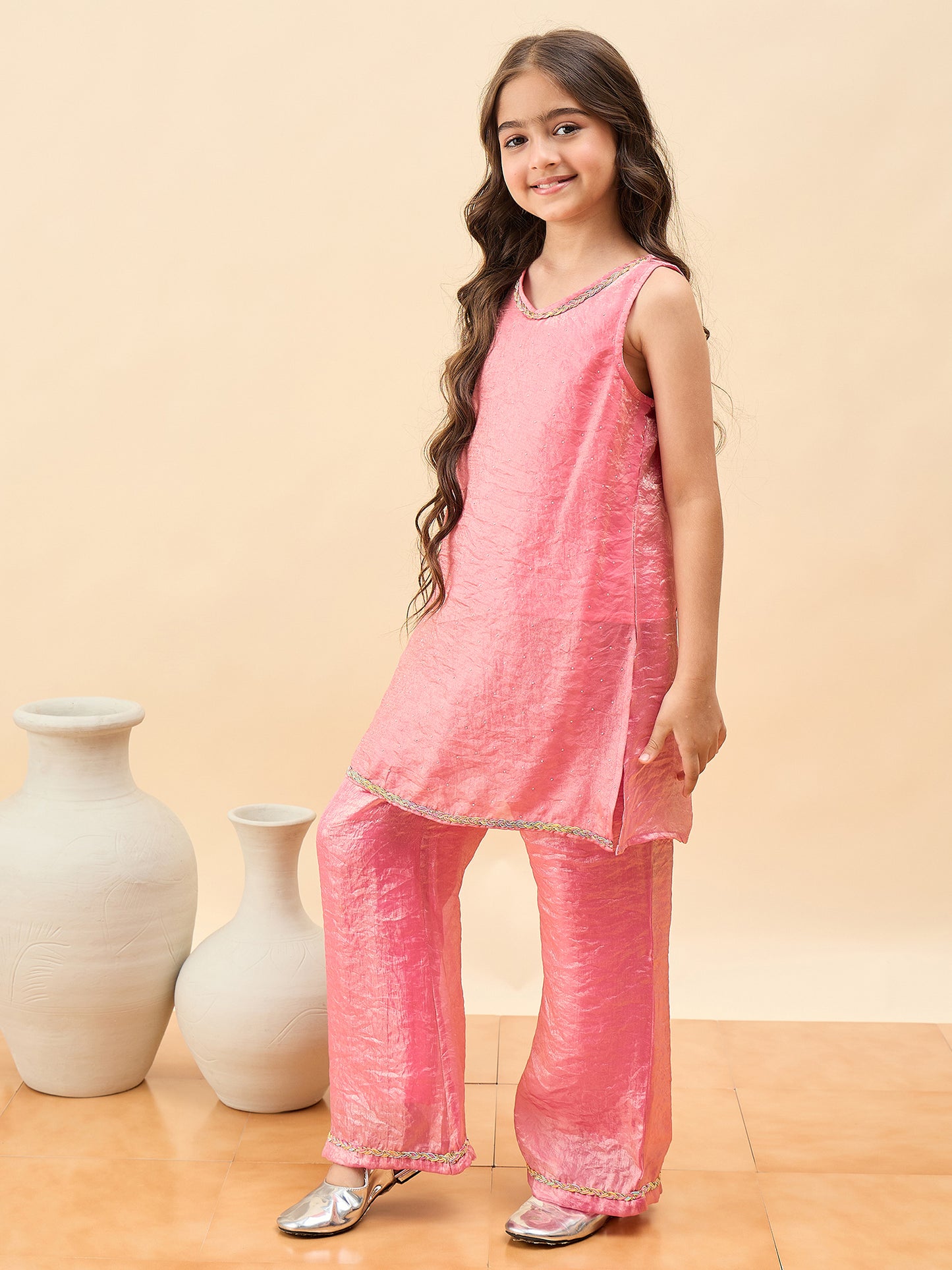 Girls Above Knee Solid Kurti Set - Pink