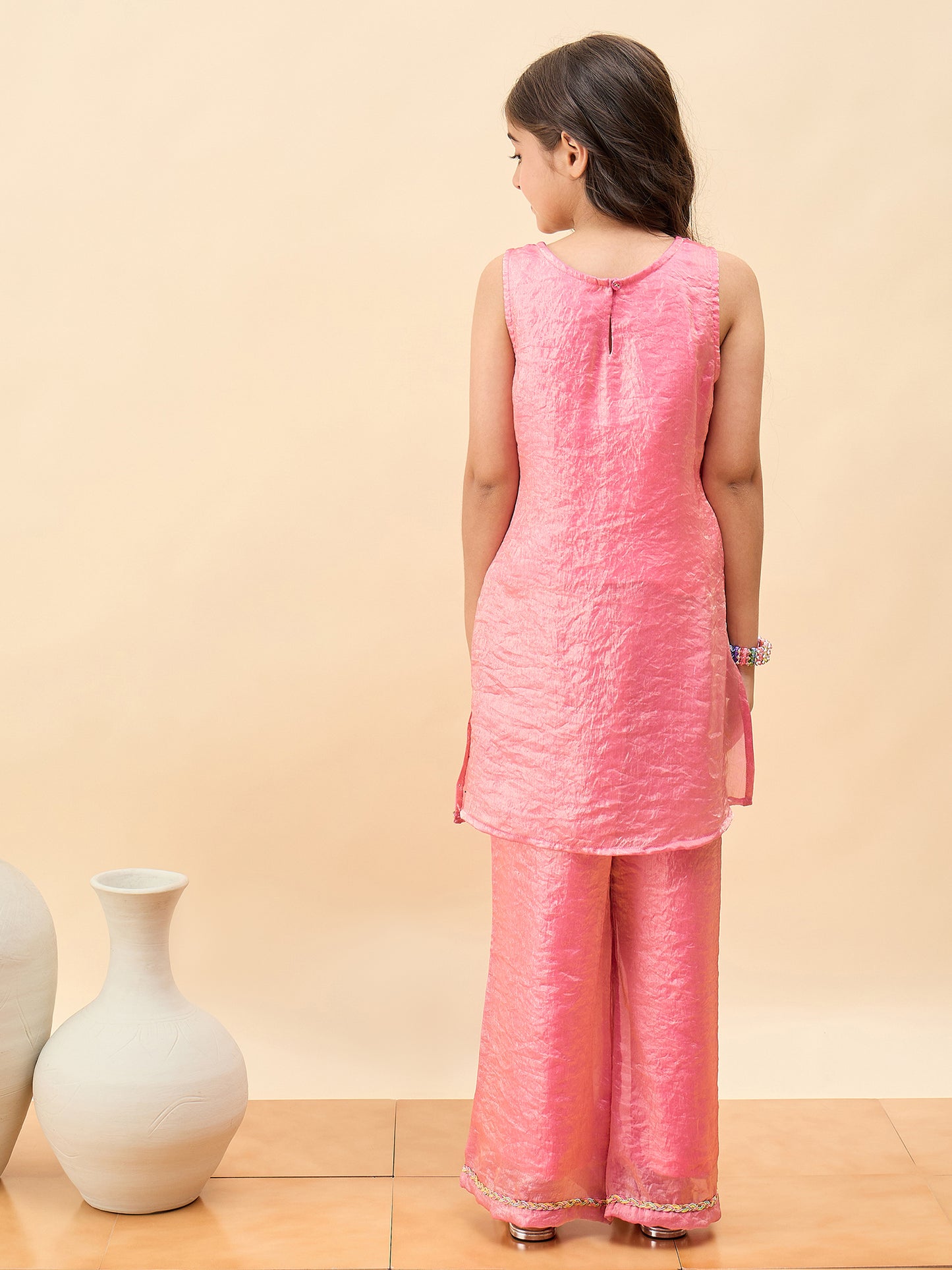 Girls Above Knee Solid Kurti Set - Pink