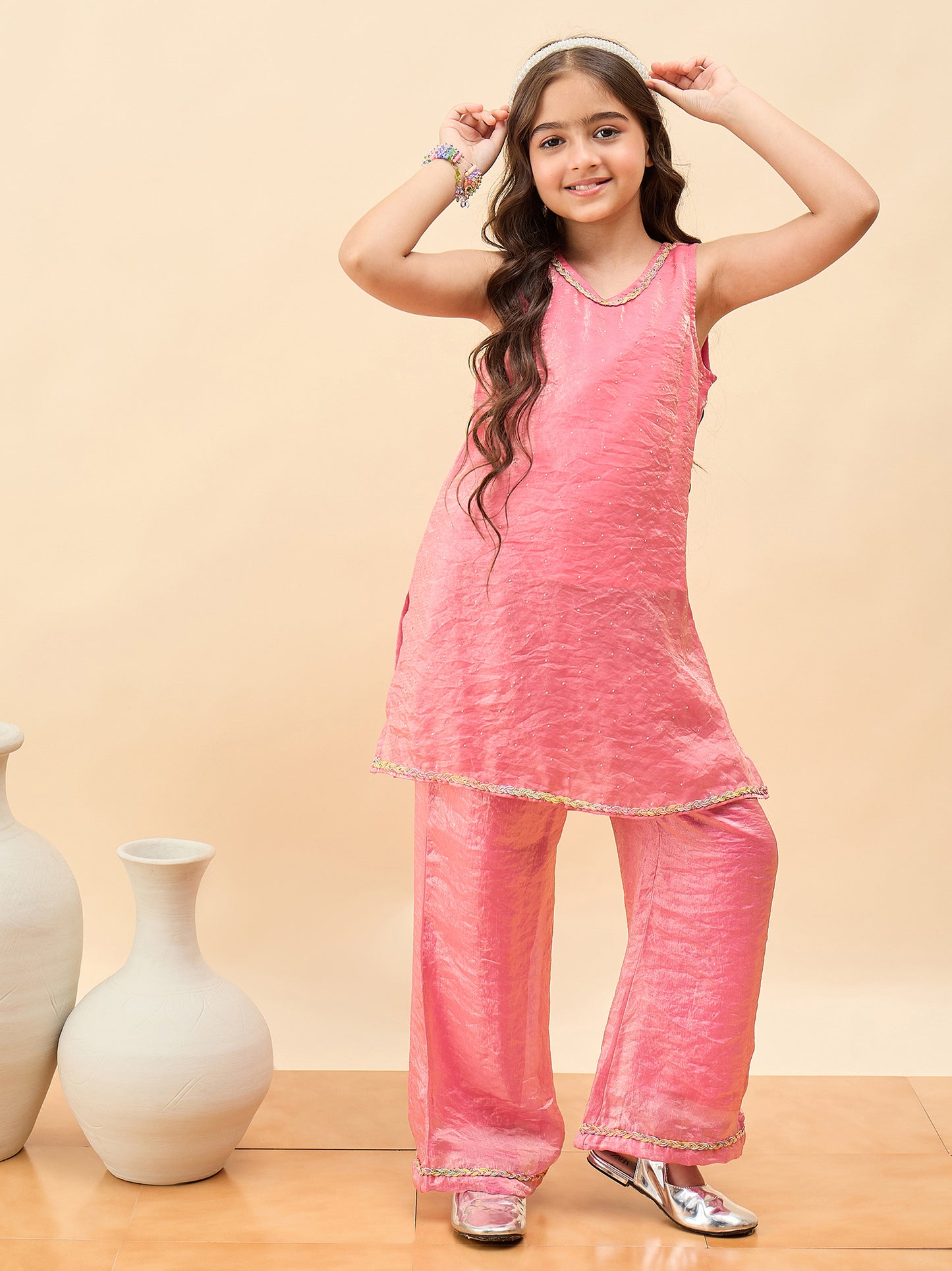 Girls Above Knee Solid Kurti Set - Pink