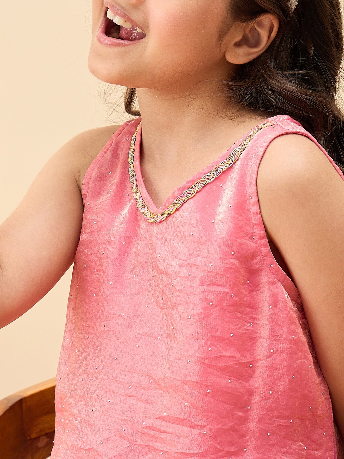 Girls Above Knee Solid Kurti Set - Pink