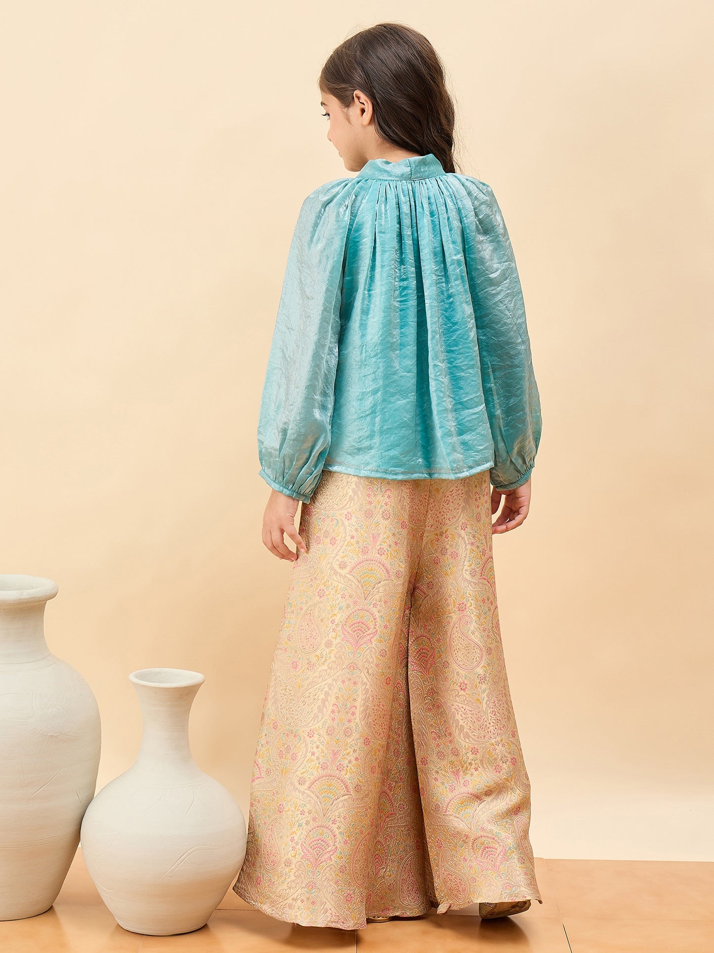Girls Hip Length Embroidery Top With Pants - Blue