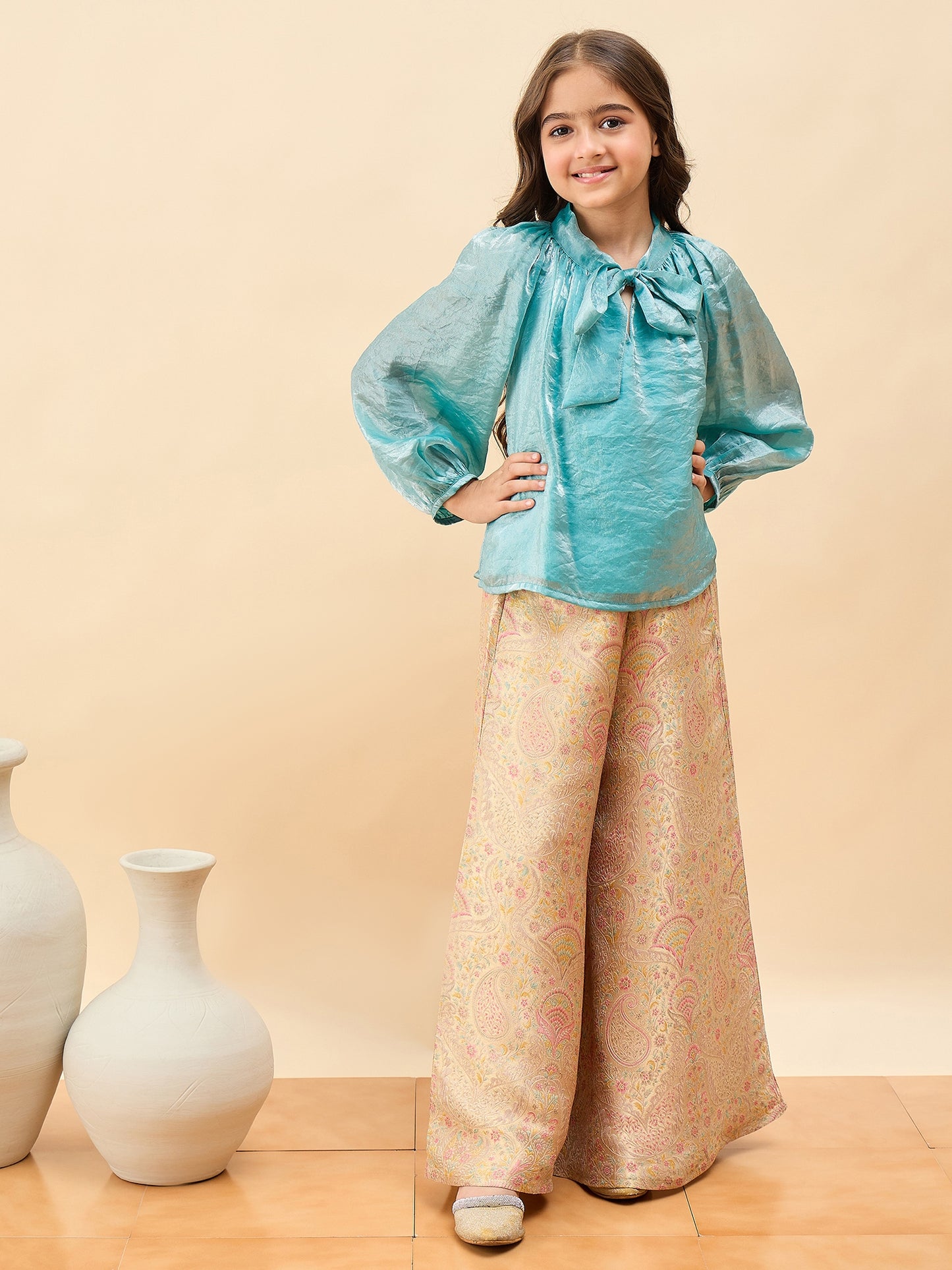 Girls Hip Length Embroidery Top With Pants - Blue