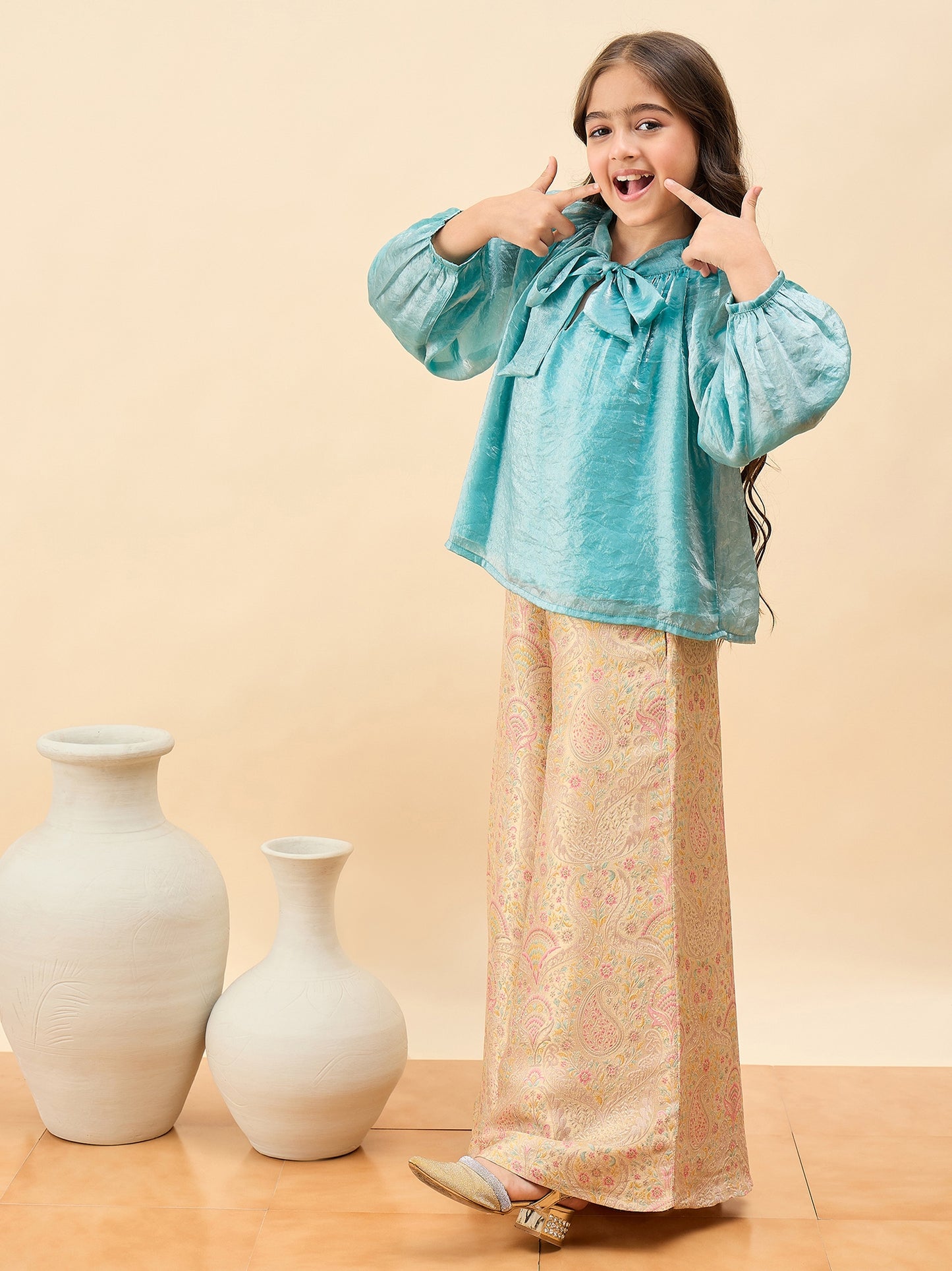 Girls Hip Length Embroidery Top With Pants - Blue