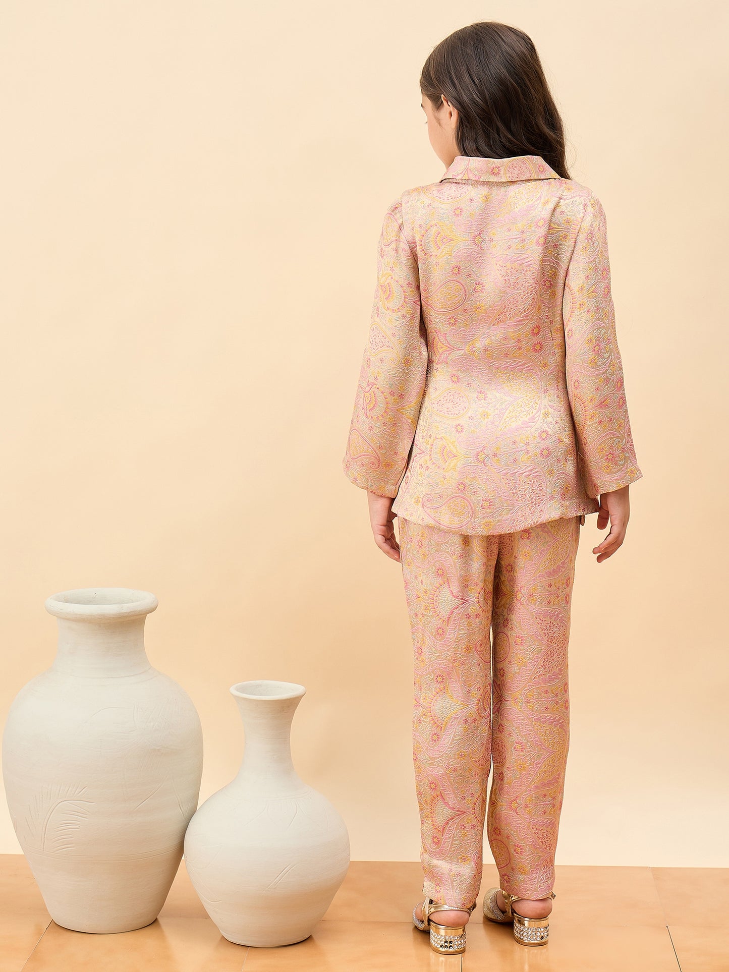 Girls Hip Length Embroidery Top With Pants - Peach