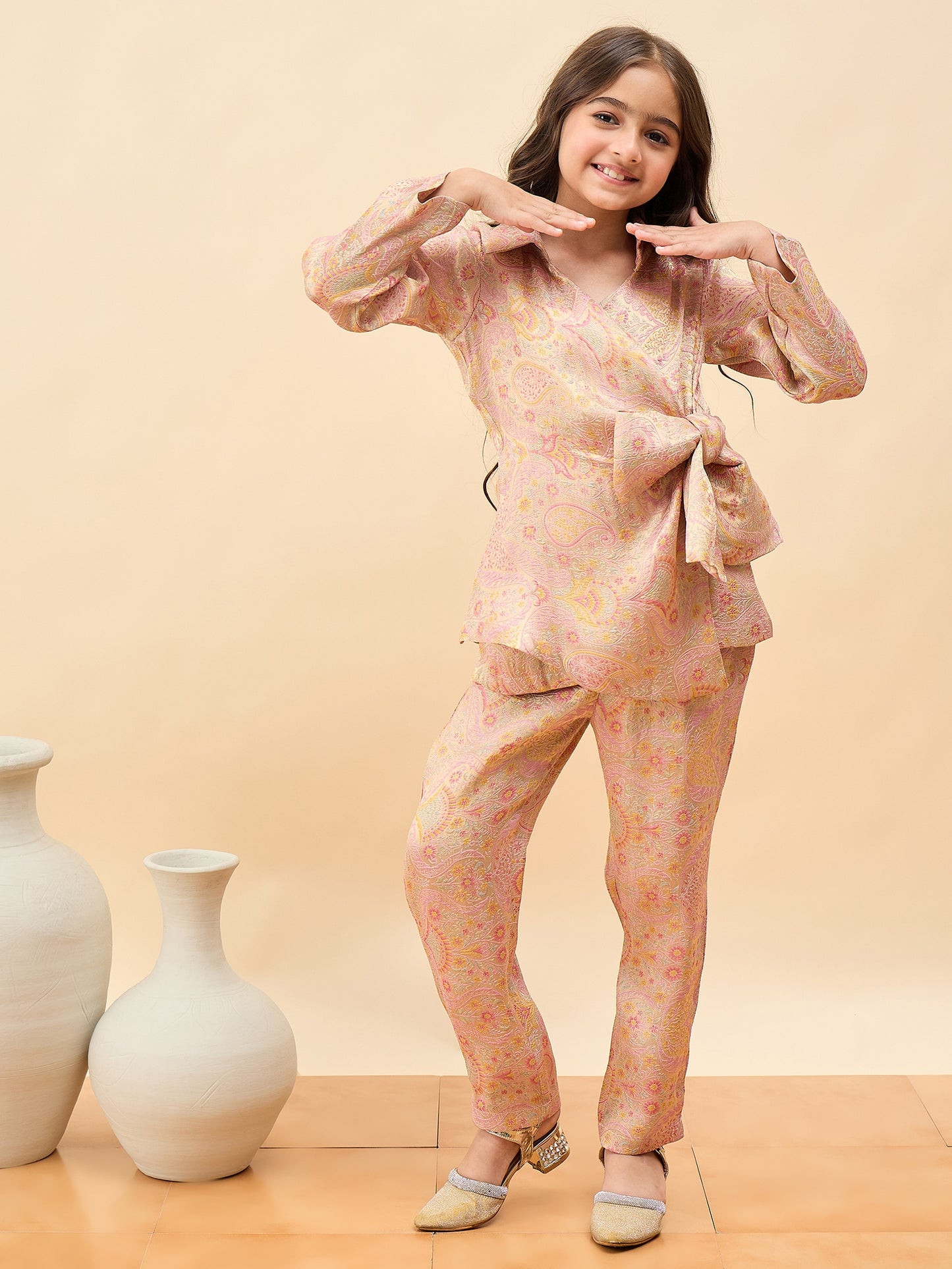 Girls Hip Length Embroidery Top With Pants - Peach