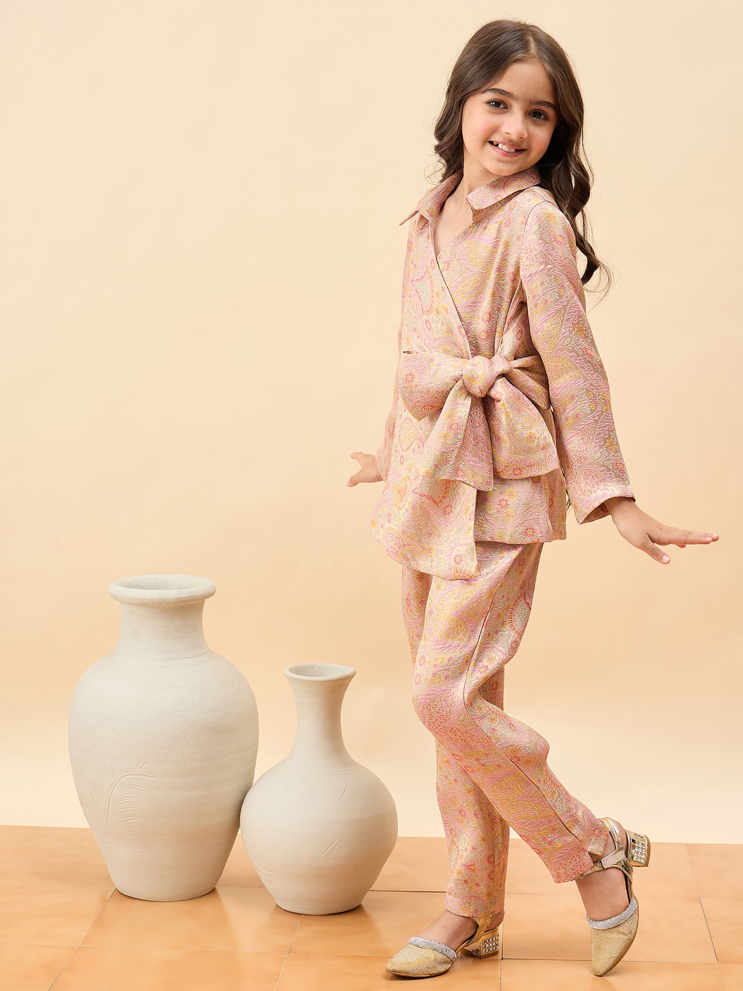 Girls Hip Length Embroidery Top With Pants - Peach