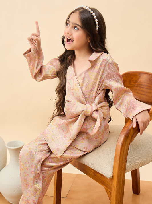 Girls Hip Length Embroidery Top With Pants - Peach