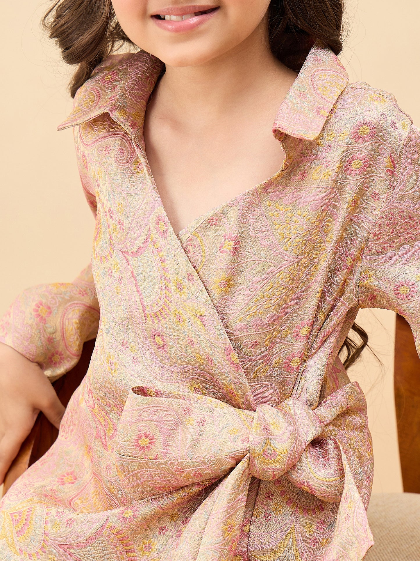 Girls Hip Length Embroidery Top With Pants - Peach