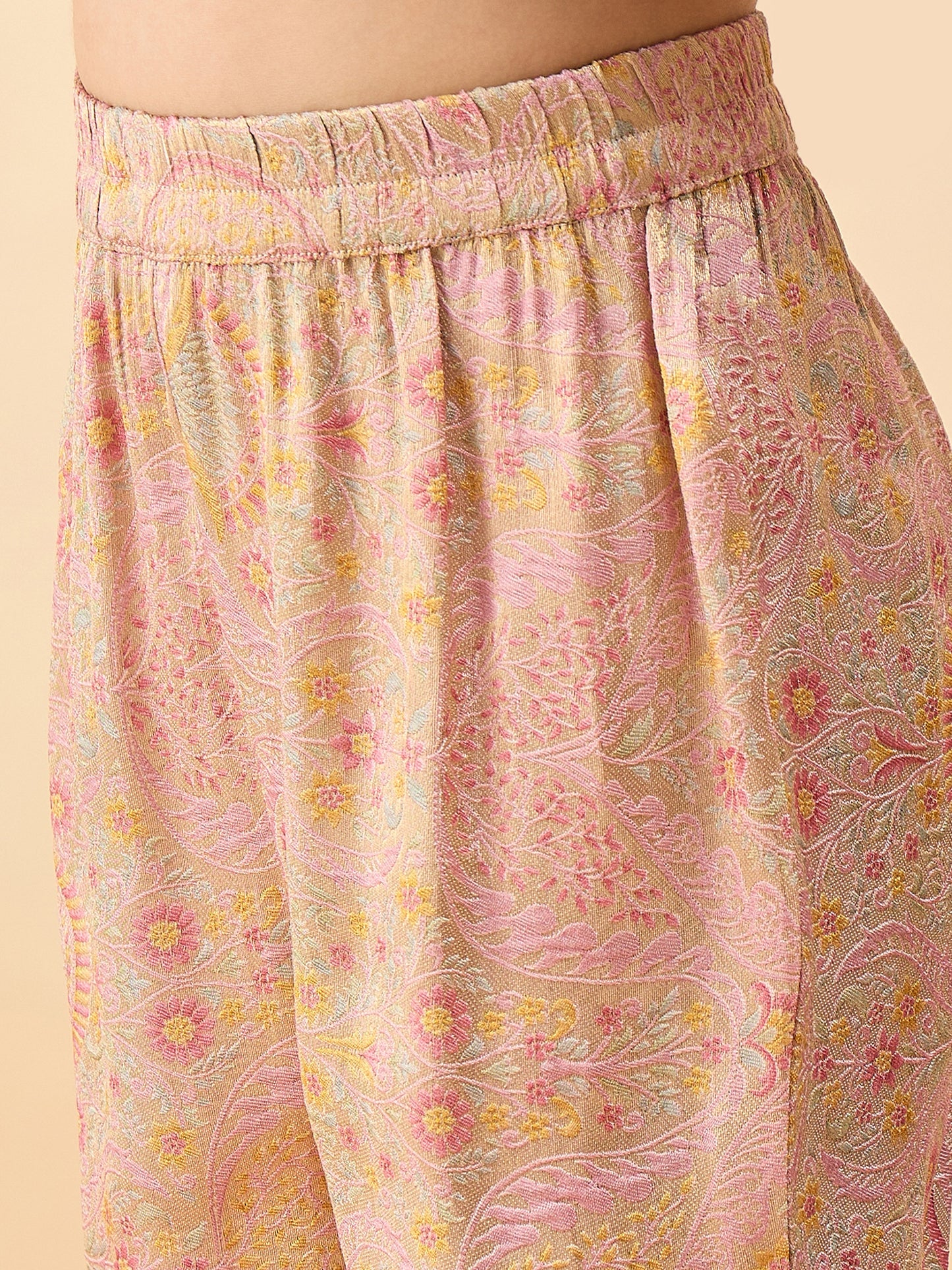 Girls Hip Length Embroidery Top With Pants - Peach