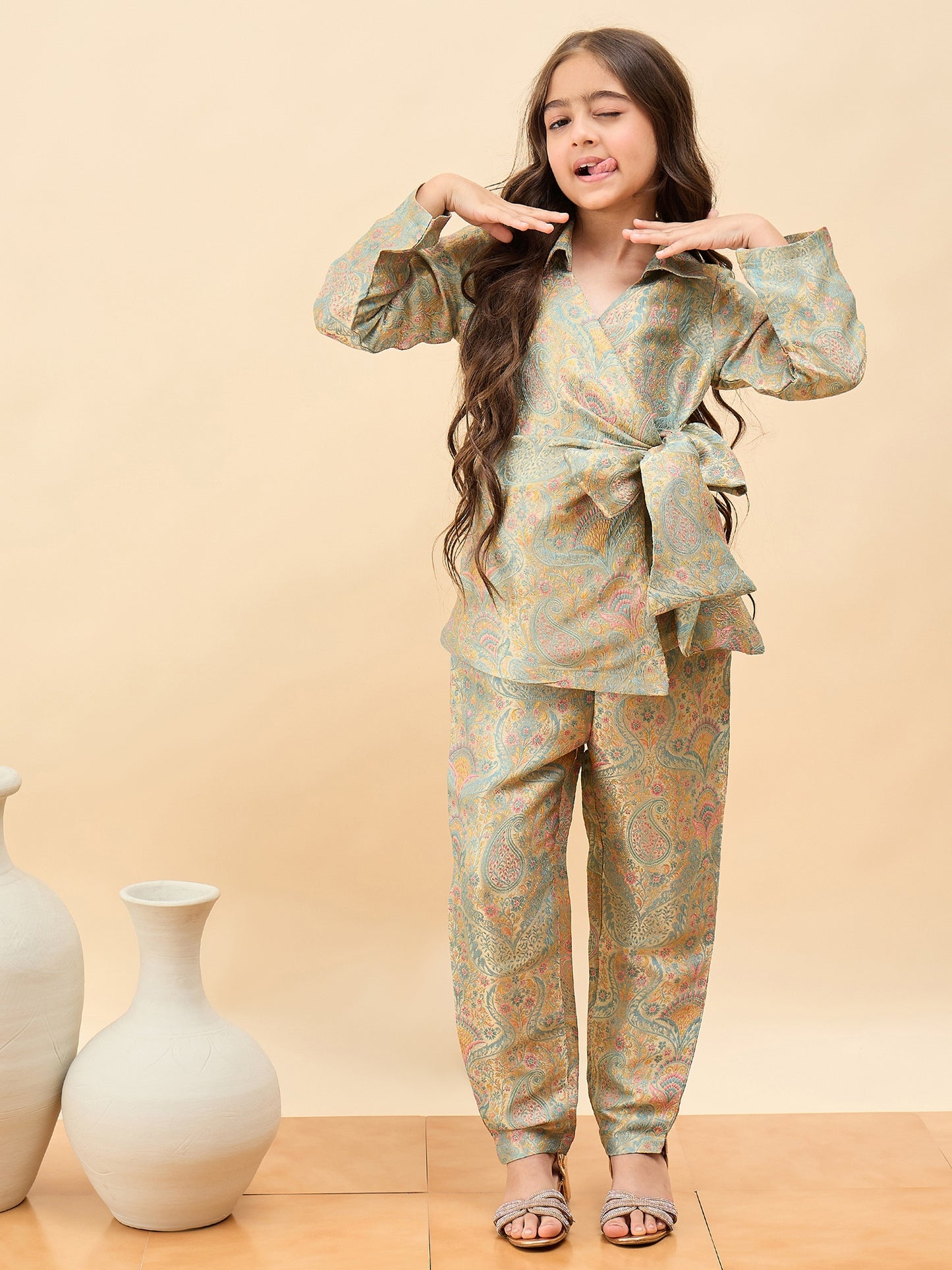 Girls Hip Length Embroidery Top With Pants - Green