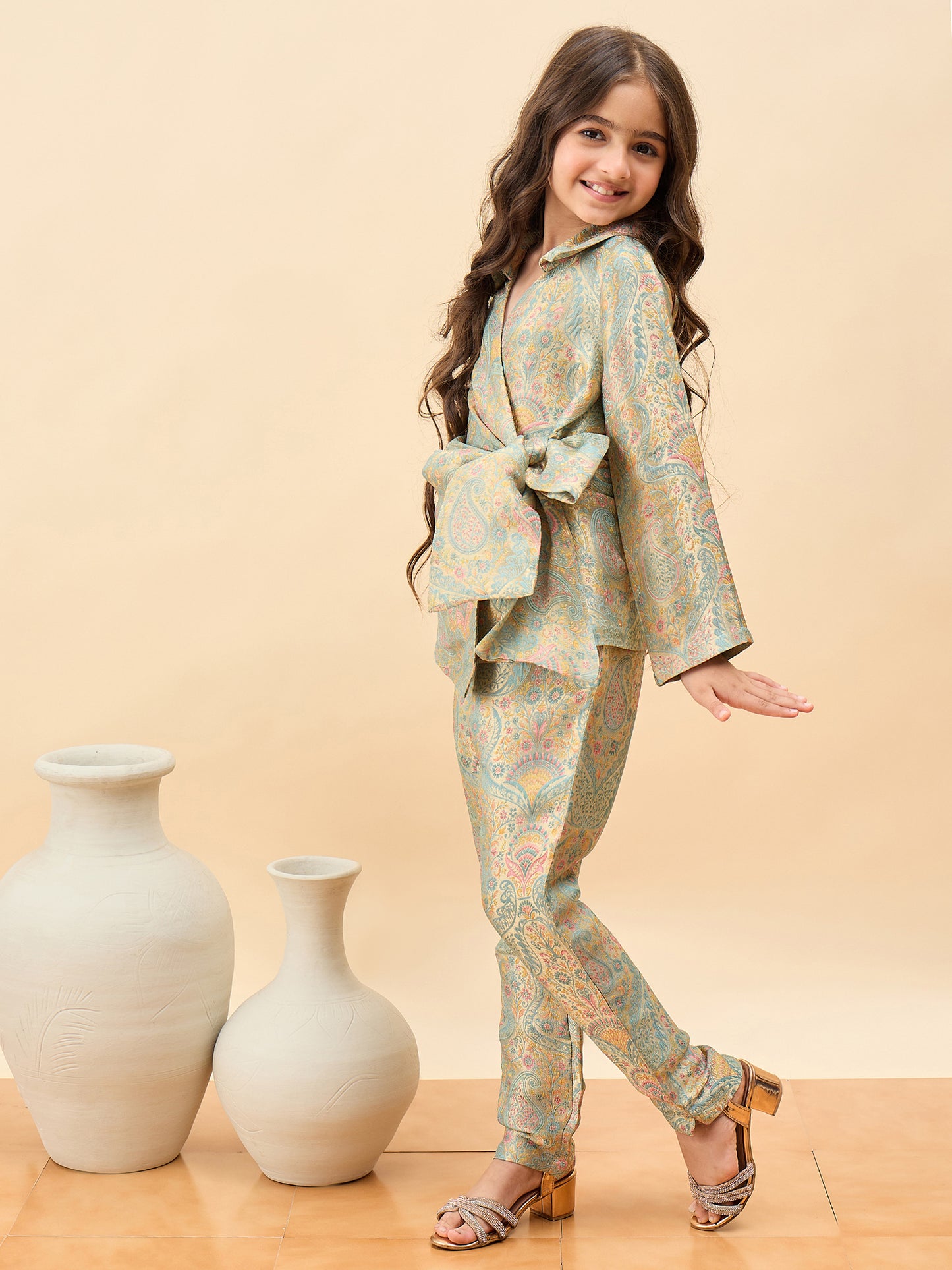 Girls Hip Length Embroidery Top With Pants - Green
