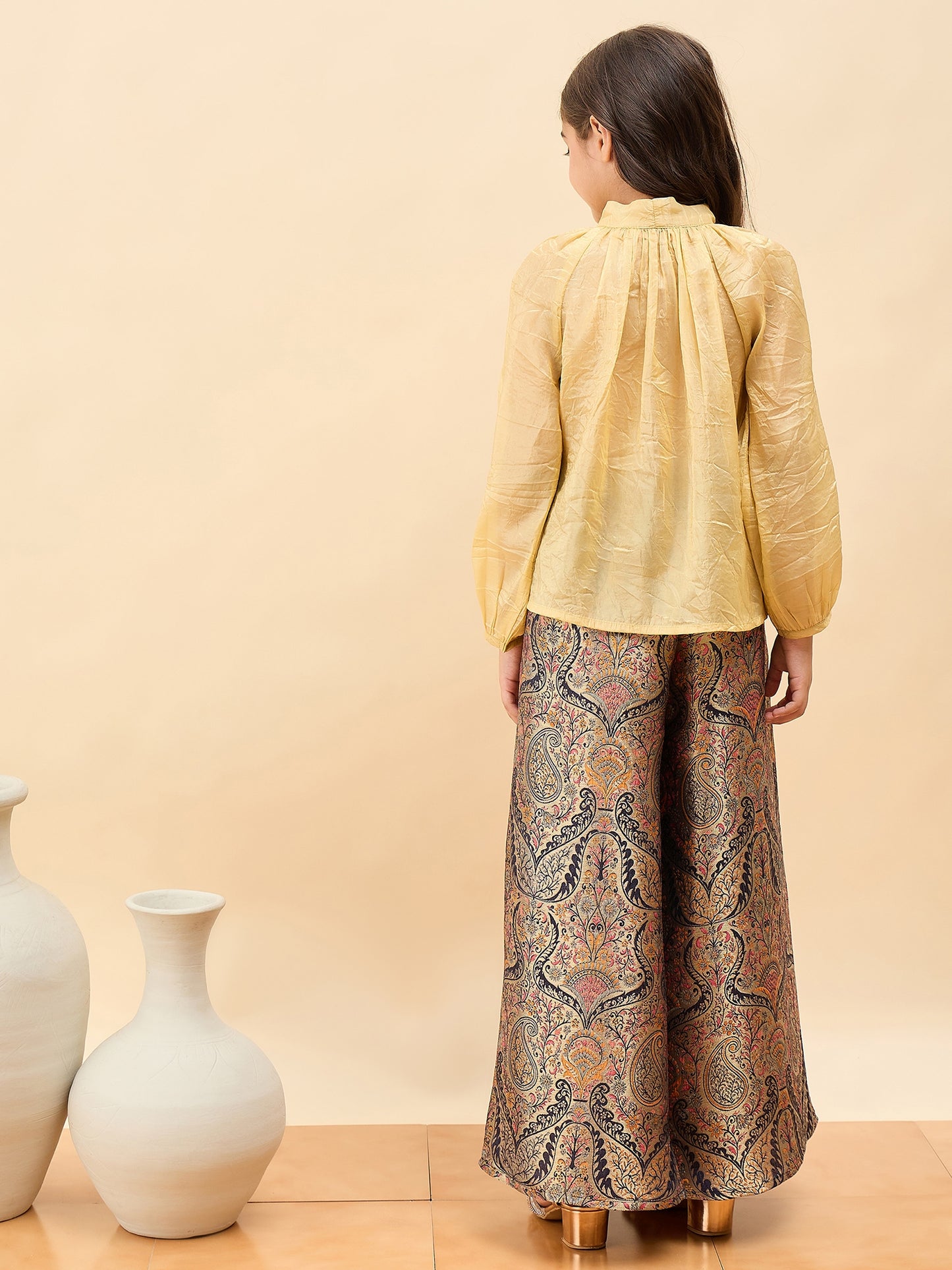 Girls Hip Length Embroidery Top With Pants - Gold