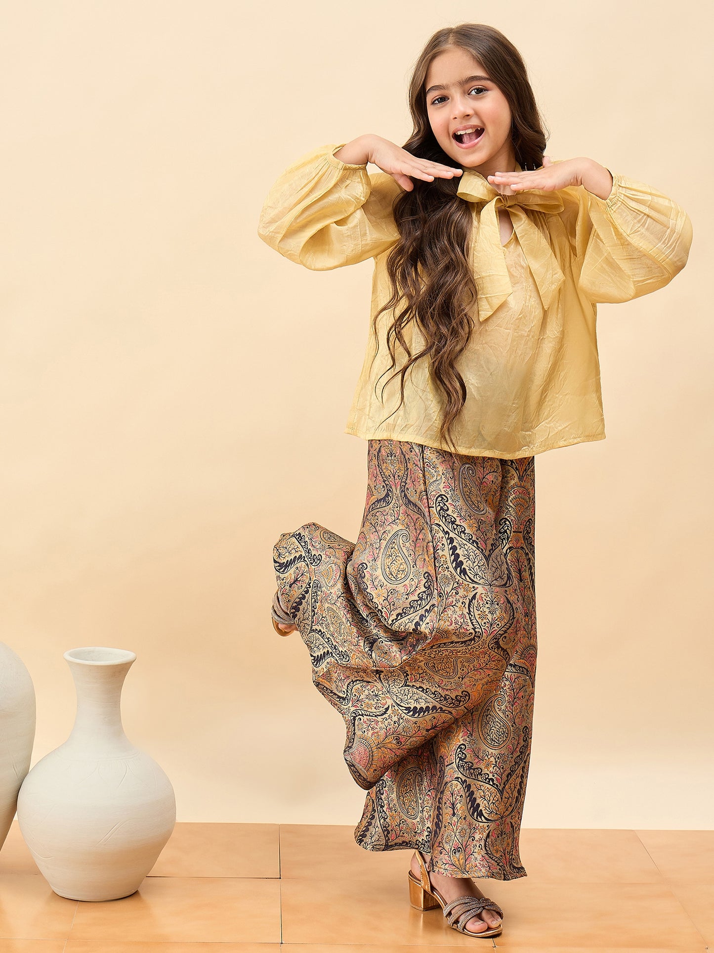 Girls Hip Length Embroidery Top With Pants - Gold