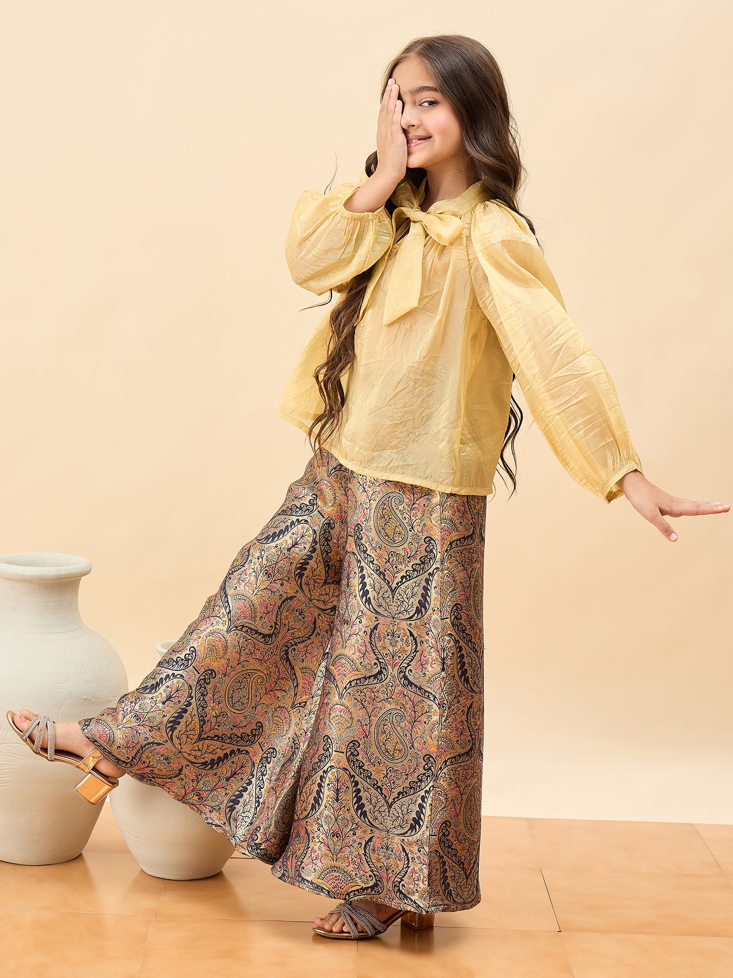 Girls Hip Length Embroidery Top With Pants - Gold