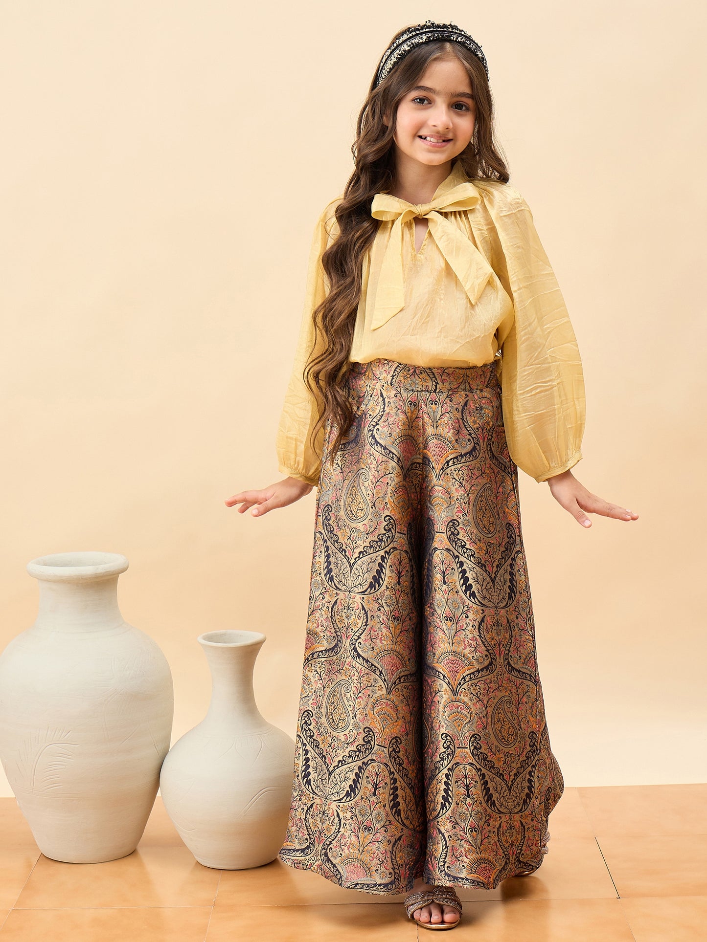 Girls Hip Length Embroidery Top With Pants - Gold
