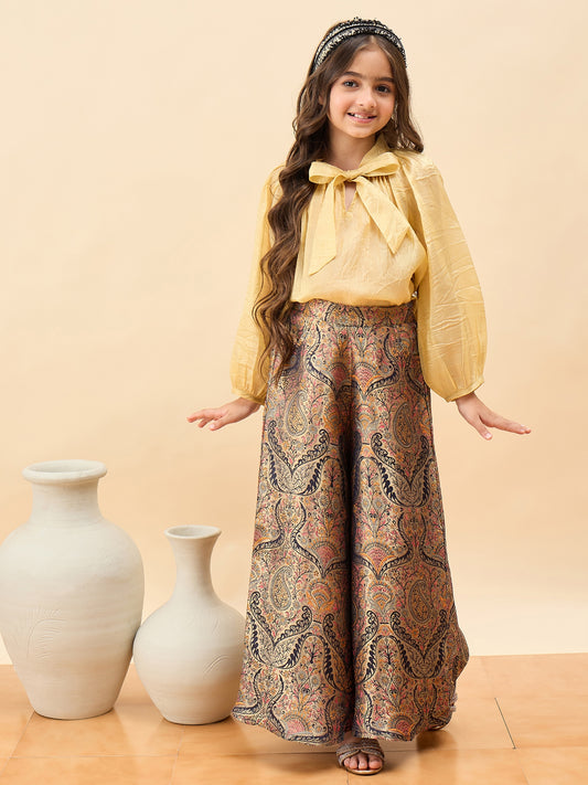 Girls Hip Length Embroidery Top With Pants - Gold