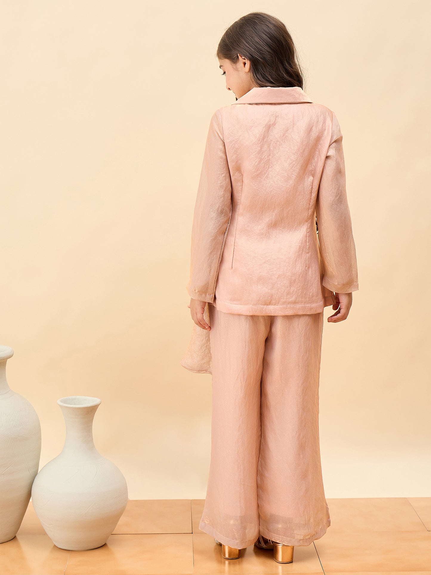 Girls Hip Length Solid Top With Pants - Gold