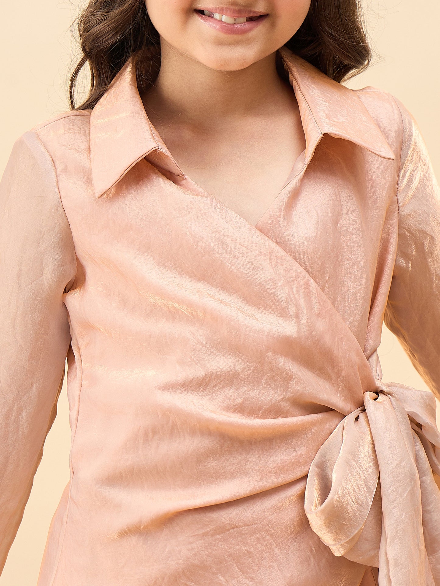 Girls Hip Length Solid Top With Pants - Gold