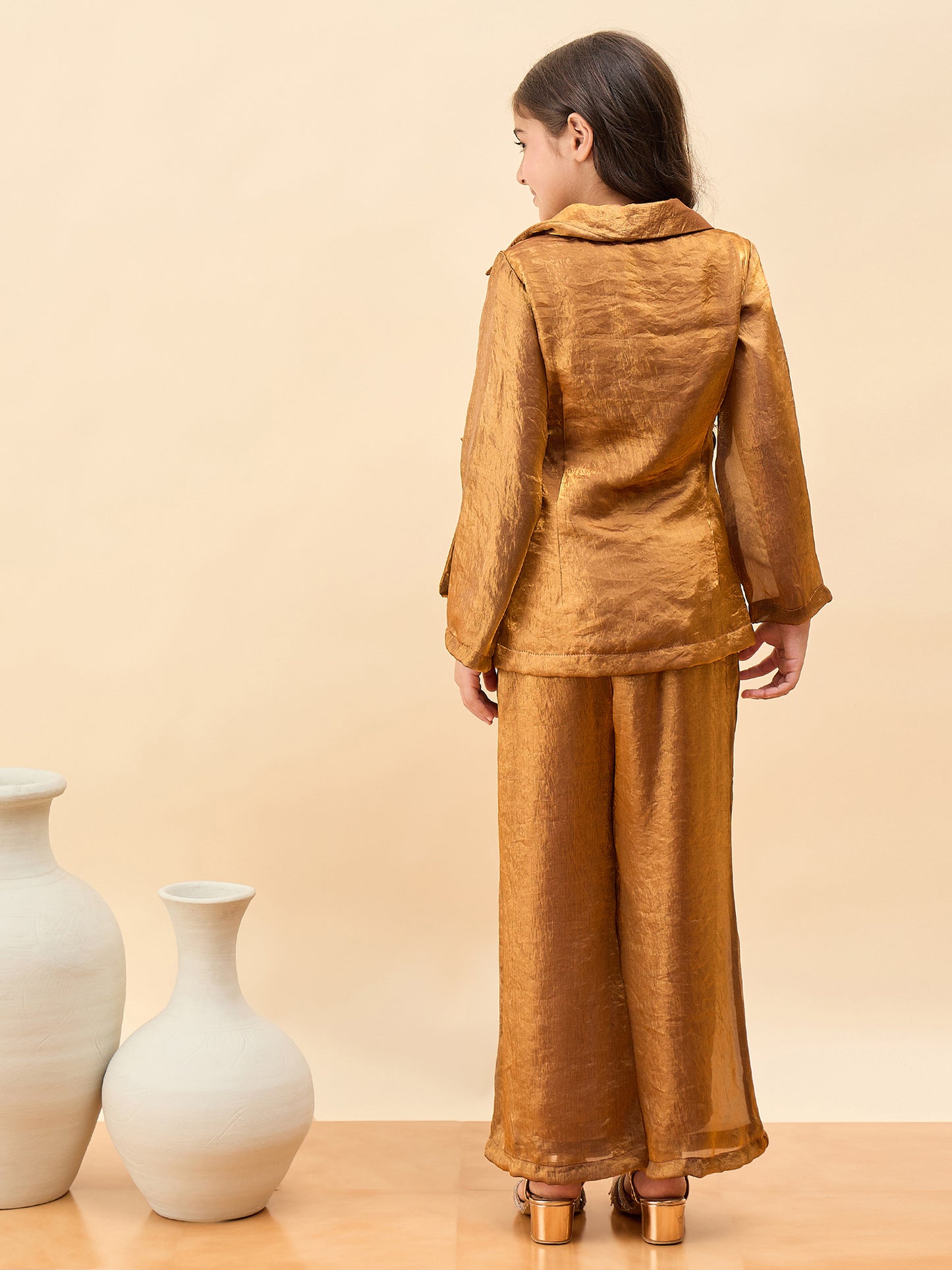 Girls Hip Length Solid Top With Pants - Brown