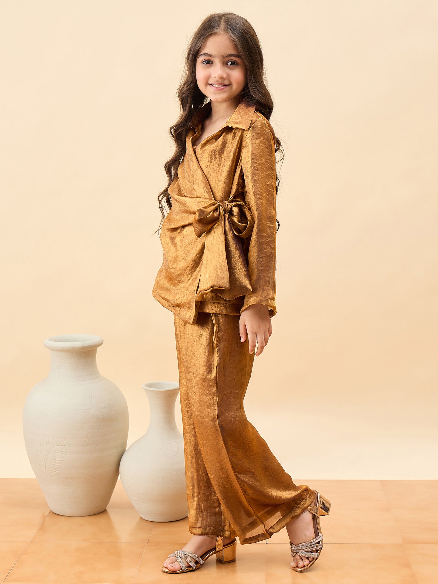 Girls Hip Length Solid Top With Pants - Brown