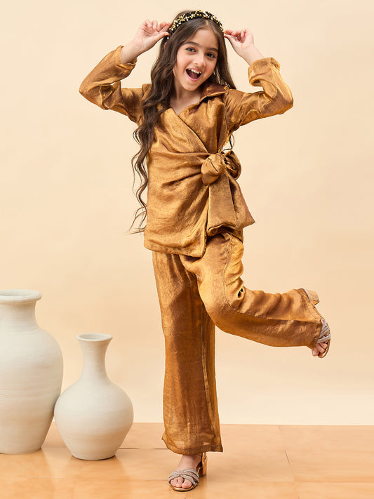 Girls Hip Length Solid Top With Pants - Brown