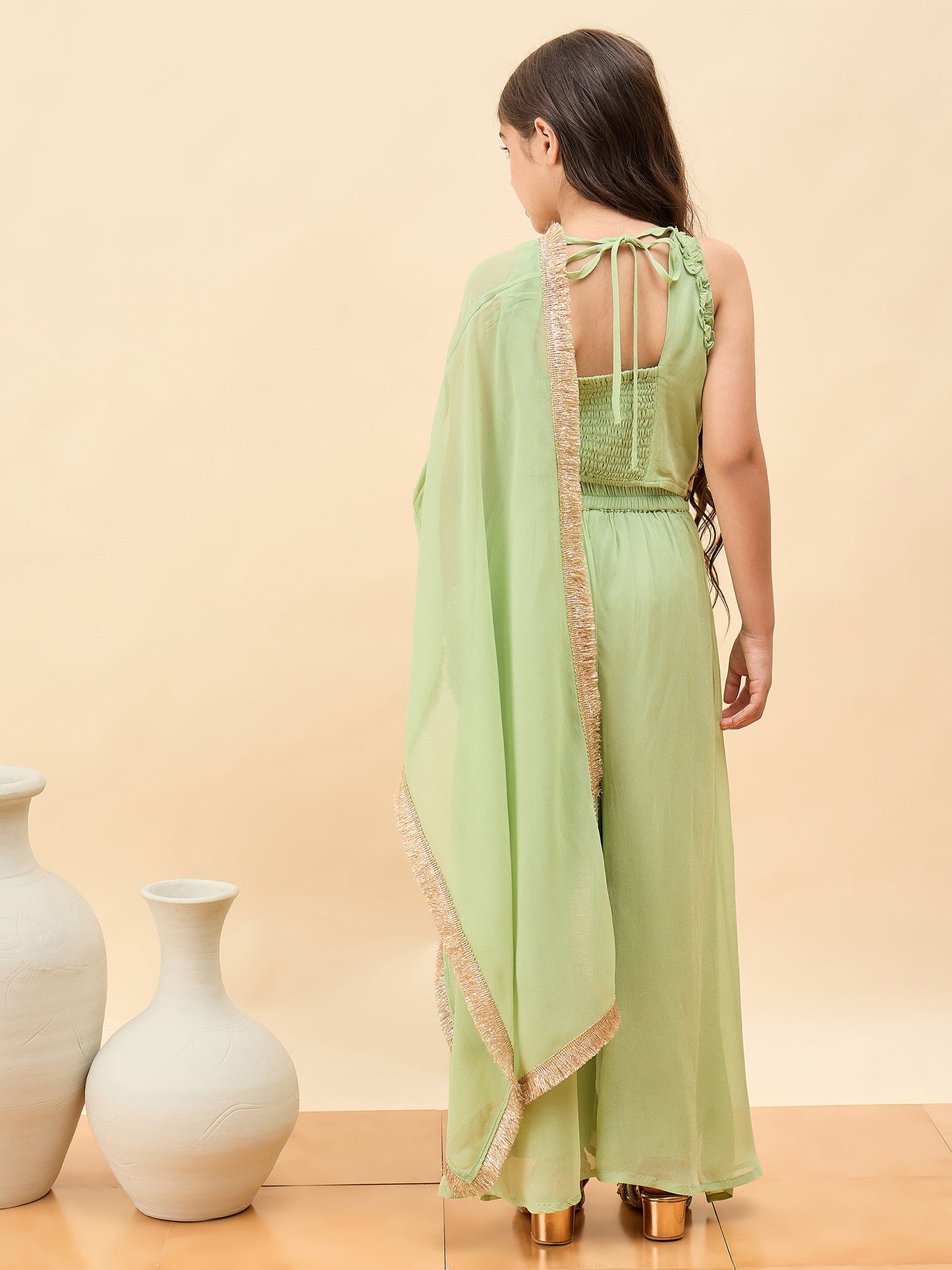 Girls Waist Length Embroidery Top With Pants - Green