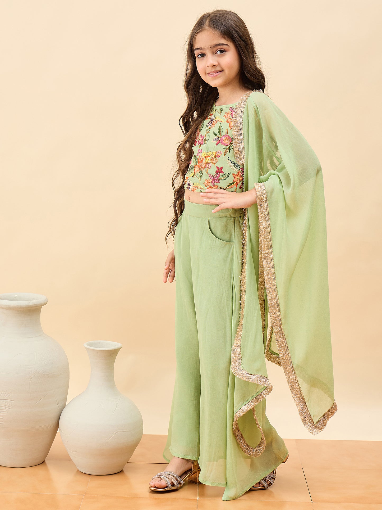 Girls Waist Length Embroidery Top With Pants - Green