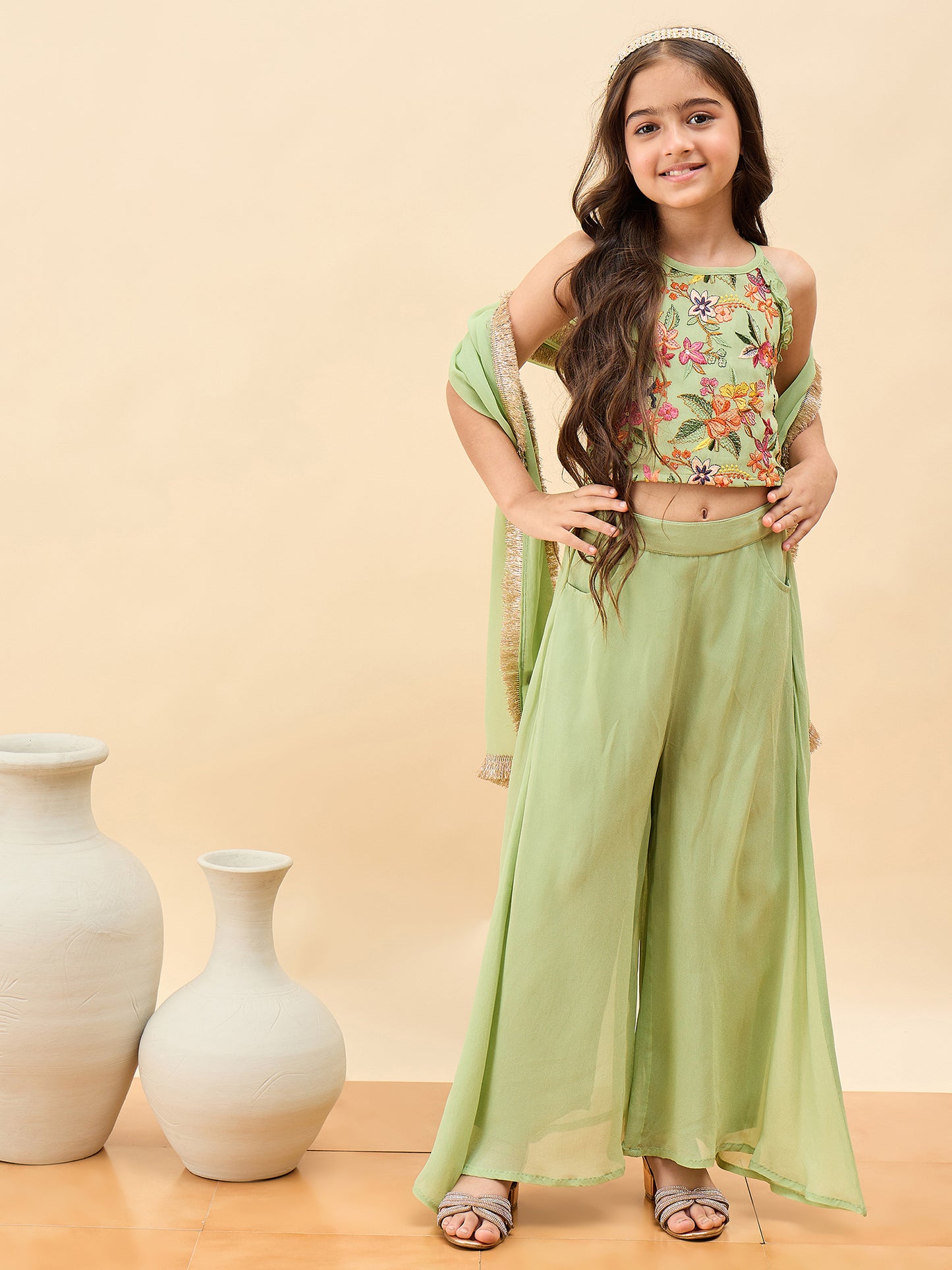 Girls Waist Length Embroidery Top With Pants - Green