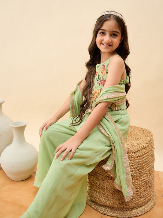 Girls Waist Length Embroidery Top With Pants - Green
