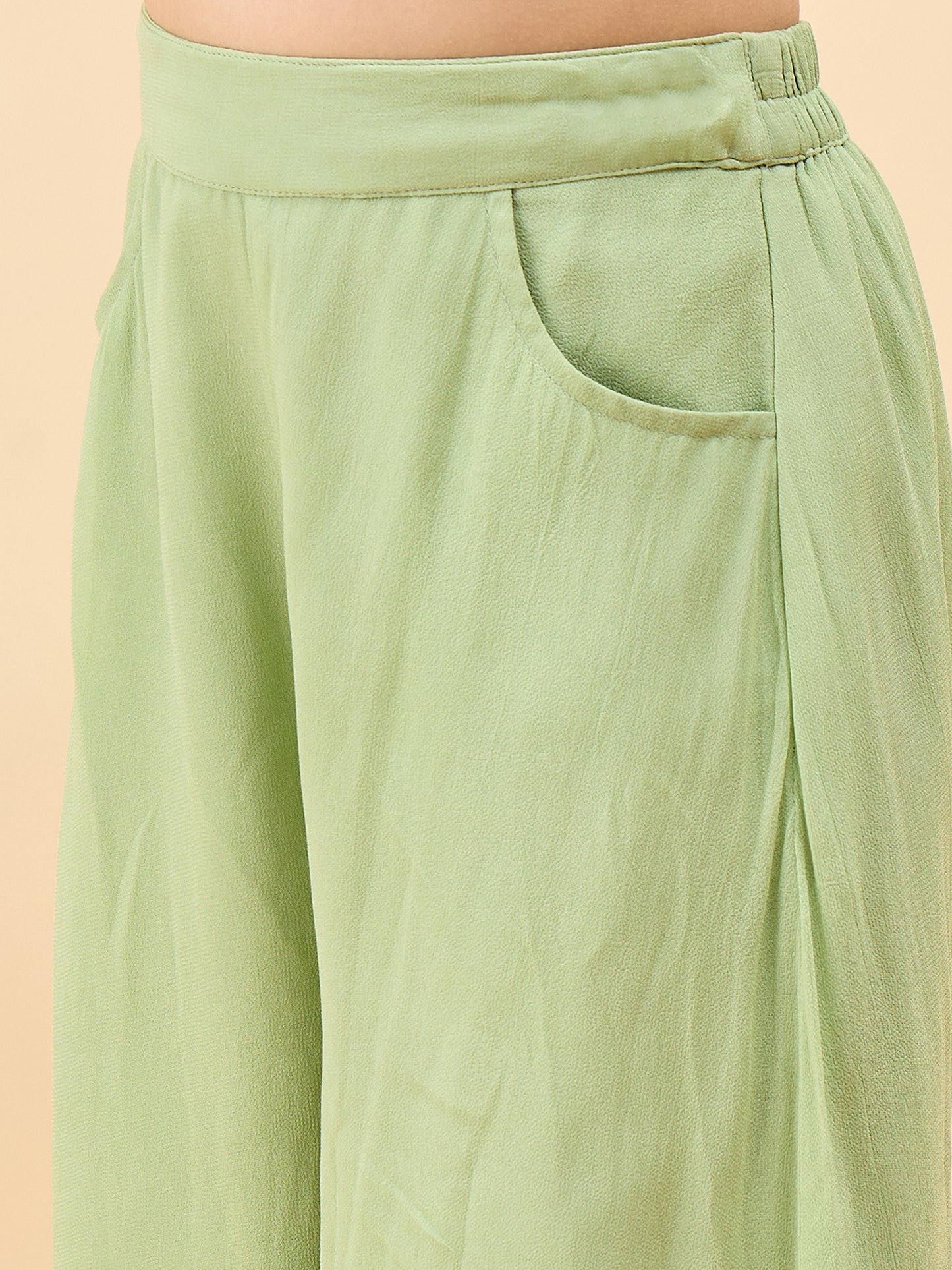 Girls Waist Length Embroidery Top With Pants - Green