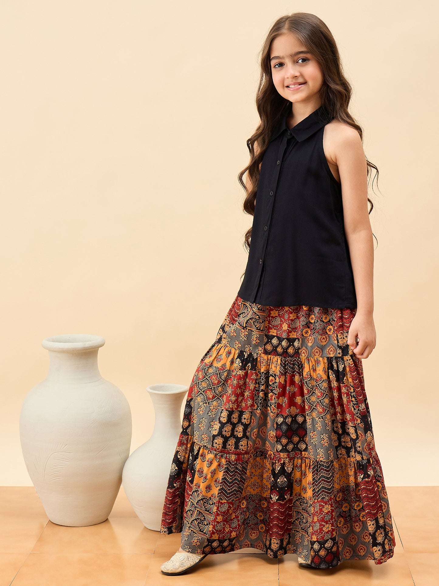 Girls Full Length All over Print Lehenga Choli - Black