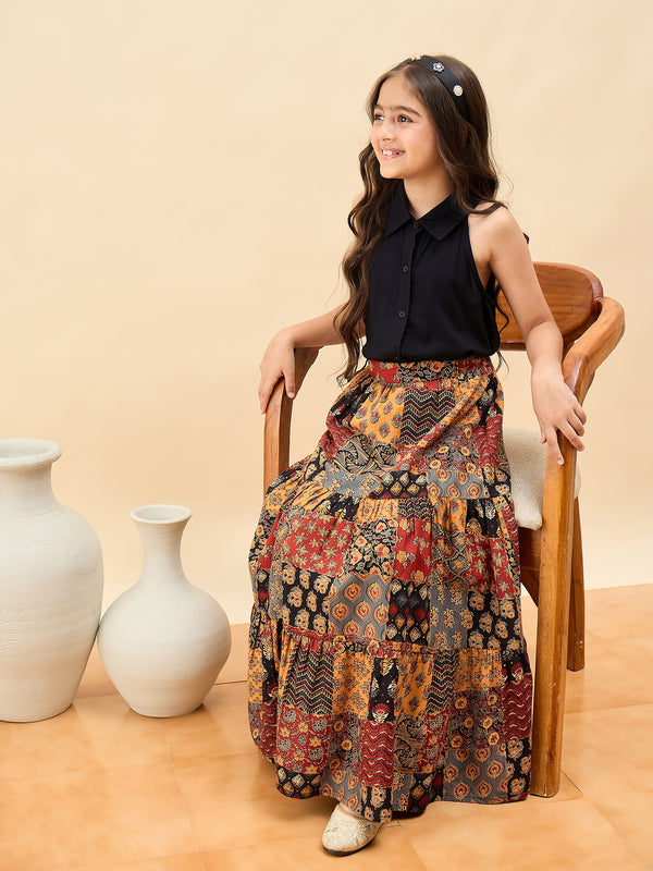 Girls Full Length All over Print Lahnga Choli - Black