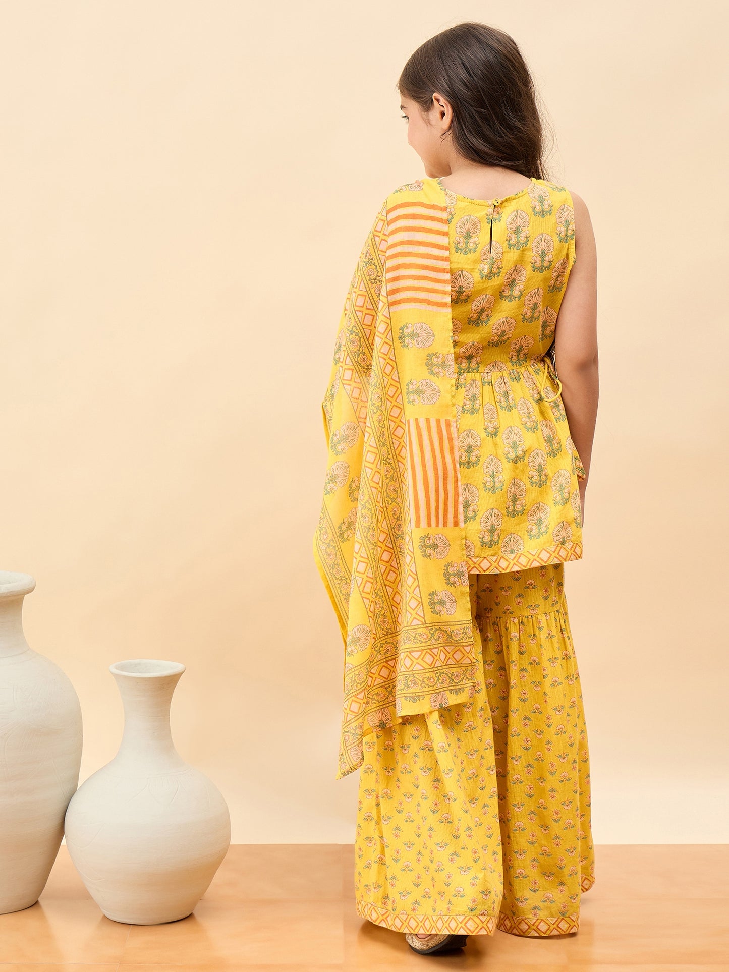 Girls Above Knee All over Print Kurti Set - Yellow