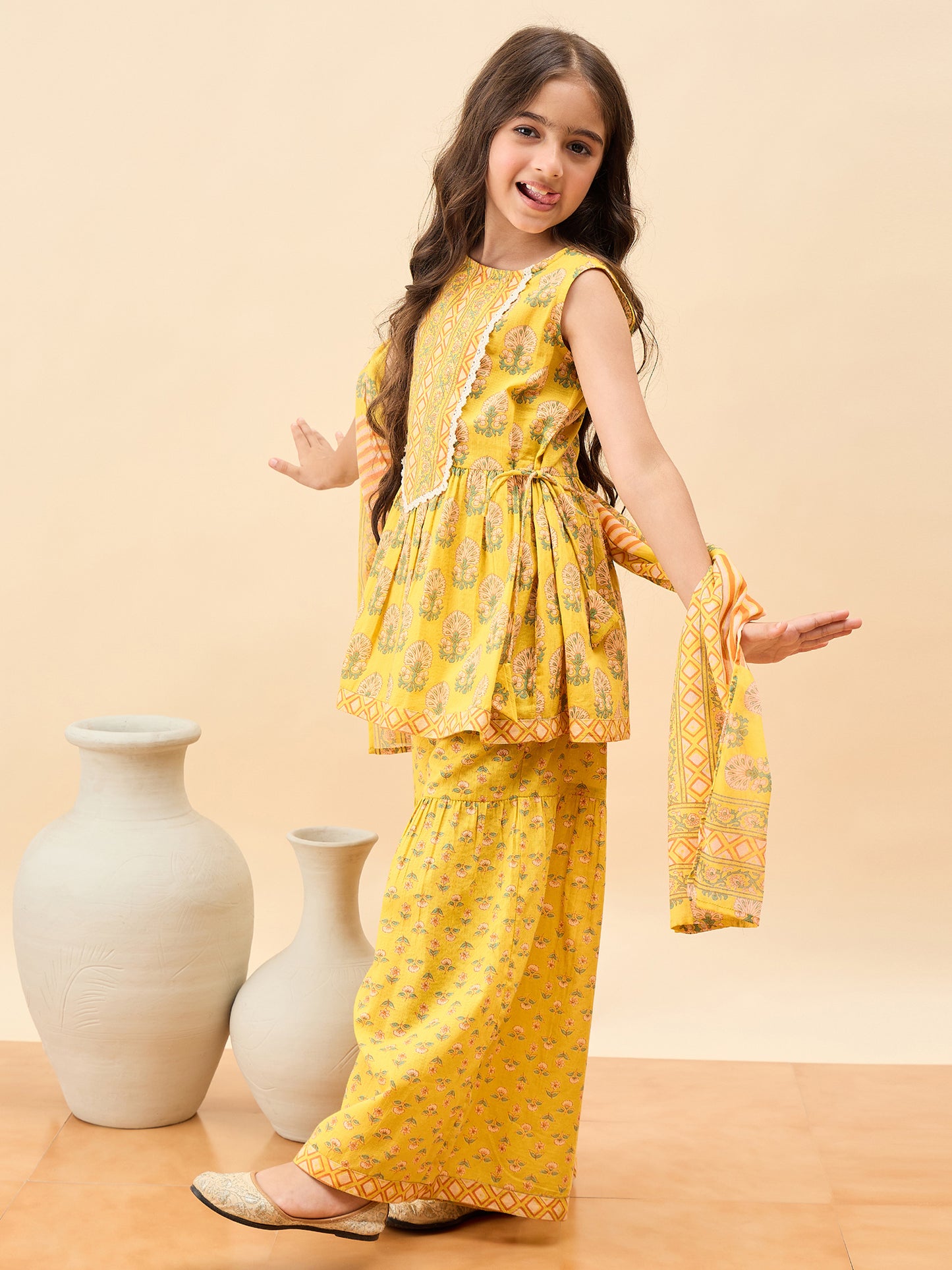 Girls Above Knee All over Print Kurti Set - Yellow