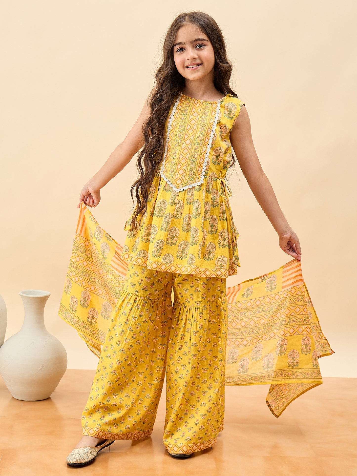 Girls Above Knee All over Print Kurti Set - Yellow